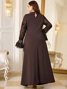 Reflora Plus Size Women's Jacquard Keyhole Neck Flared Sleeve Elegant Dress - Brown - View 7