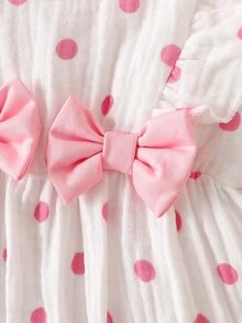 SHEIN 2件組新生女嬰連身衣可愛甜美公主風白色粉色圓點蝴蝶結荷葉邊長袖圓領生日派對秋季假期保暖舒適 - 粉色 - 查看 8