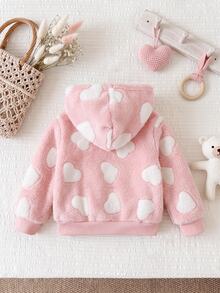 SHEIN Baby Girl Heart Pattern Casual Daily Hooded Jacket - Pink - View 8