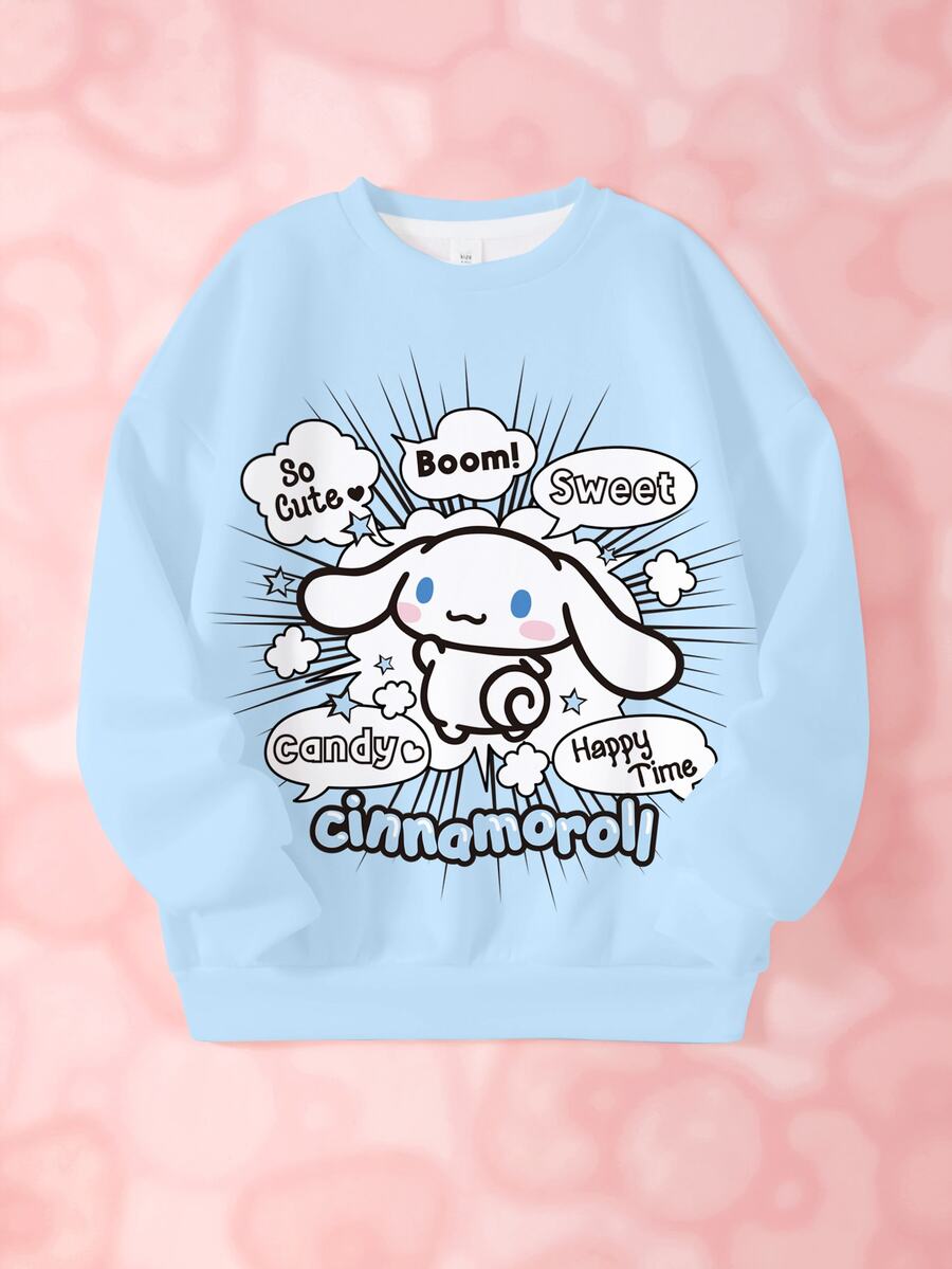 HELLO KITTY AND FRIENDS | SHEIN Tween Girl Letter Cartoon Print Crew Neck Long Sleeve Casual Sweatshirt - White - View 1