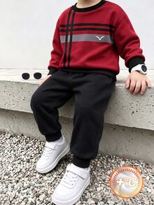 小男孩條紋拼色長袖運動衫與慢跑褲套裝 - 彩色 - 查看 1