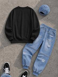 Tween Boy Sweatshirt Set, Basic Pure White Loose Crew Neck Fit, White Ribbed Cuffs And Hem; Large Blue Graffiti Letter Print Across Chest - Black - View 2