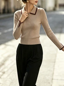 SHEIN 女款拼色 Polo 領長袖休閒百搭針織衫 - 駝色 - 查看 3