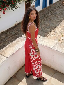 CAJUNI Tropical Vacation Embroidery Flower Cute Jumpsuit - Red and White - View 8