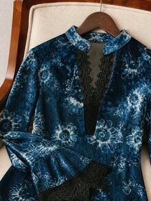 DAZY Women's Lace Patchwork All-Over Print Casual Daily Wear Blouse - Navy Blue - View 5