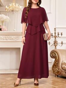 Amorya Women's Elegant Solid Color Round Neck Pullover Cape Sleeve Long Dress - Burgundy - View 2