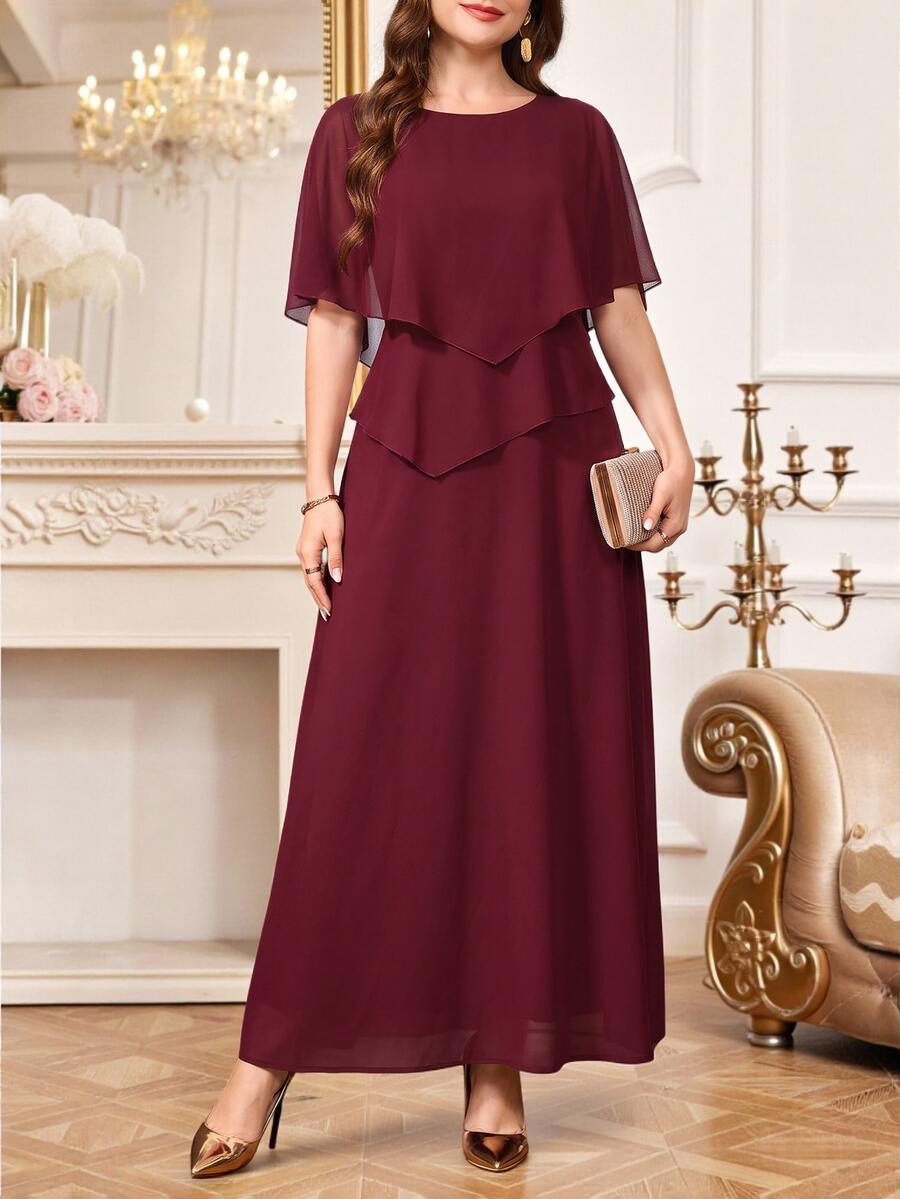 Amorya Women's Elegant Solid Color Round Neck Pullover Cape Sleeve Long Dress