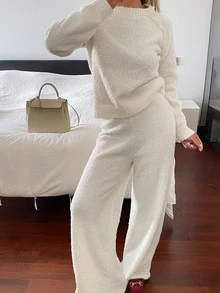 Livesso Women's 2 Pieces Set: White Round Neck Long Sleeve Knit Sweater And High-Waist Slim Fit Ribbed Knit Pants, Autumn/Winter - White - View 1
