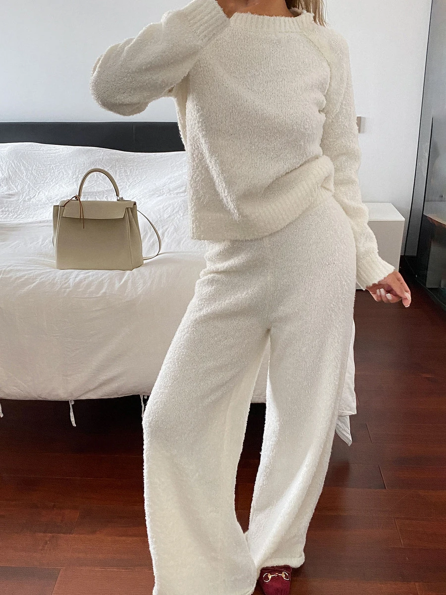 Livesso Women's 2 Pieces Set: White Round Neck Long Sleeve Knit Sweater And High-Waist Slim Fit Ribbed Knit Pants, Autumn/Winter - White - View 1