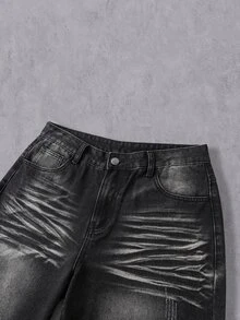Manfinity Denimwave 男士復古水洗黑寬腿鬆垮牛仔褲，寬鬆休閒街頭風長版牛仔長褲 - 黑色 - 查看 5