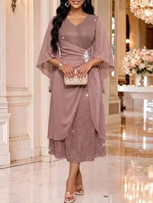 Fleurora Women's Elegant Casual Party Evening Formal Mother Of The Bride Bussines Cocktail Wedding Gym Guest Birthday For Autumn Dusty Rose Fall - Pink - View 3