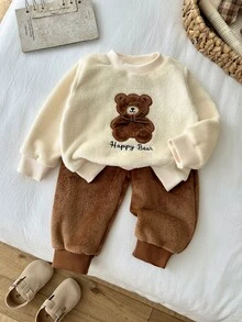 SHEIN Vintaside Kids 2件組男嬰可愛米色棕熊蝴蝶結刷毛刺繡長袖圓領厚款戶外秋冬節日套裝 - 棕色 - 查看 3