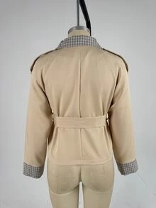Momance Áo trench ngắn bầu phối cổ caro patchwork màu xám, phong cách công sở thanh lịch, cổ điển, thường ngày cho mùa thu - Màu Khaki - Xem 9