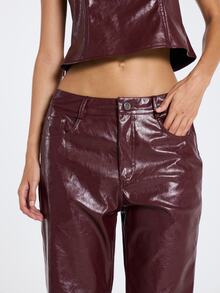 MUSERA Red PU Low Waisted Flare Trouser Pants Fall Winter Women Outfit Casual - Red - View 5