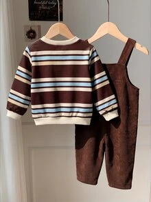 LMoss Kids Baby Boy Striped Sweatshirt + Vintage Brown Corduroy Overalls Set - Multicolor - View 2