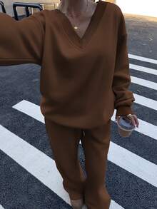 Muchica Women's V-Neck Oversized Fluffy Fleece Elastic Loose Casual Brown Sweatshirt And Sweatpants 2 Pieces Set, Autumn/Winter - Brown - View 6