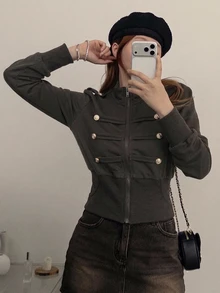 DAZY 女款小立領長袖短版法院風宴會開襟運動衫 - 深灰色 - 查看 3