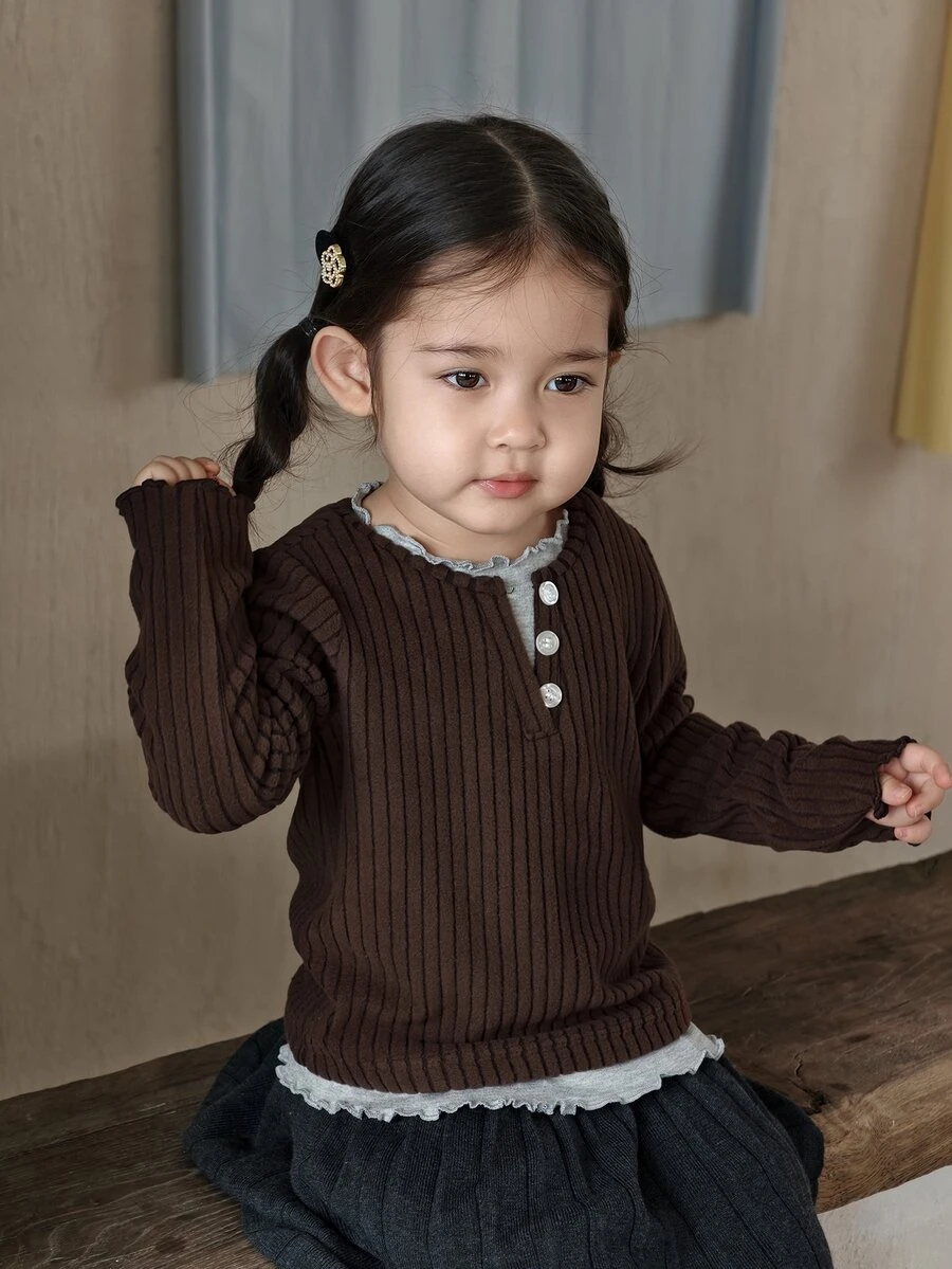 DAZY Infant/Toddler (Girl) 2-In-1 Long Sleeve Spring/Autumn Korean Style Top - Coffee Brown - View 1