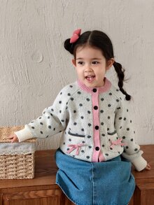 DAZY Infant (Girl) Round Neck Polka Dot Autumn/Winter Long Sleeve Cardigan - Apricot - View 7