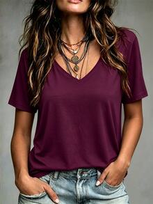 Linhara CURVE Plus Size Women's Solid Color V-Neck Short Sleeve Casual Versatile T-Shirt - Purple - View 1