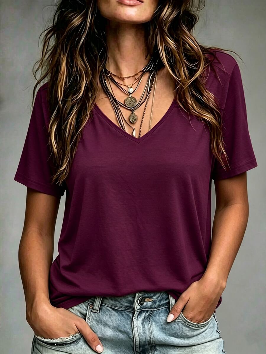 Linhara CURVE Plus Size Women's Solid Color V-Neck Short Sleeve Casual Versatile T-Shirt - Purple - View 1