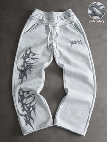 PAVTROS 男士街頭風熱銷 3D 深色毛巾刺繡運動長褲，送給男朋友/丈夫的禮物，週年紀念禮物，朋友聚會穿搭 - 淺灰色 - 查看 1