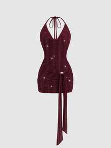Sweetra Y2K Sexy Textured Fabric Ruched Neck Pleated Crepe Elegant Party Dress - Burgundy - View 1