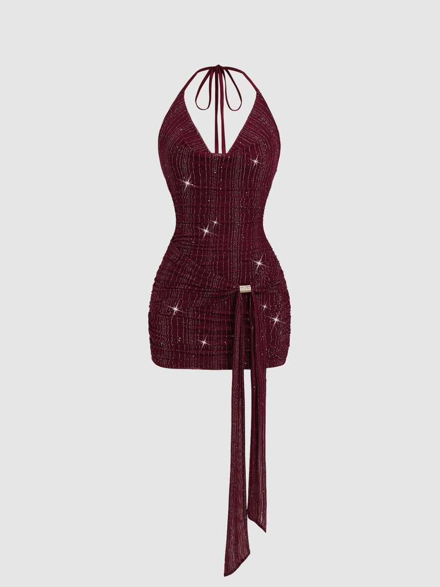Sweetra Y2K Sexy Textured Fabric Ruched Neck Pleated Crepe Elegant Party Dress - Burgundy - View 1