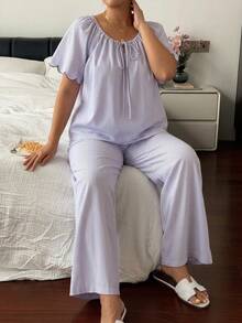 Dazy Plus Purple Casual Long Pants 2pcs Set Homewear Spring Summer Autumn New Pajama Set - Purple - View 2