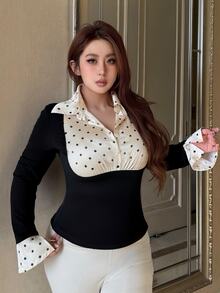 Dazy Plus Black Fitted Long Sleeve T-Shirt With Collar, Patchwork Polka Dot Print, 2 In 1 Design And Flared Cuffs - Black - View 9
