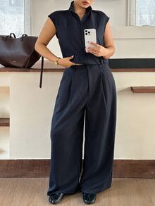 Dazy Plus Setelan Blogger Awal Musim Gugur 2 Potong: Atasan Tanpa Lengan Kerah Setengah Tinggi dengan Resleting & Celana Panjang Kasual Bergaris - Navy Blue - View 6