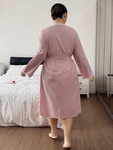 Napfluff CURVE Napfluff CURVE Minimalist Contrast Trim Tie Waist Plus Size Double Pocket Women's Robe - Pink - View 9
