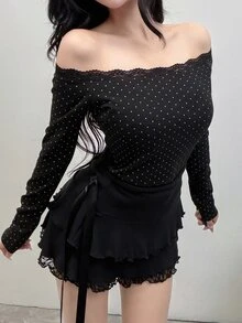 FRIFUL Women's Contrast Lace Polka Dot Print Off-Shoulder Long Sleeve T-Shirt - Black - View 6