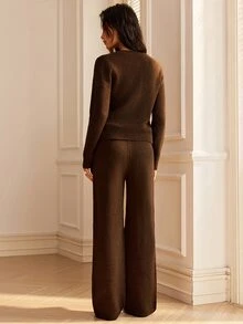 SHEIN Setelan 2 Potong Gaya Vintage Prancis: Atasan Rajut Lengan Panjang Leher Bulat Pas Badan dengan Kancing Logam + Celana Panjang Longgar Lurus, Warna Gelap, Cocok untuk Musim Semi/Gugur - Coklat - View 6