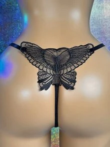 MidnightGlam 1pc Women's Sexy Chain Mesh Embroidered Patchwork Thong - Black - View 5