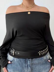 POPSWAY Kaos Wanita Ukuran Besar Warna Polos Lengan Panjang Berkerut Kasual Bahu Asimetris - Hitam - View 4