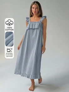 Livesso Minimalist Solid Color Ruffle Trim Sleeveless Loose Long Dress Women's Nightgown - Navy Blue - View 6