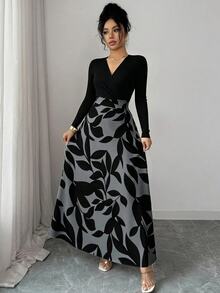 Elenzga Robe grande taille pour femmes à col en V, manches longues, Top en tricot côtelé, jupe à imprimé feuilles, bloc de couleurs, robe fluide amincissante coupe A pour rendez-vous et sorties - Multicolore - Voir 5