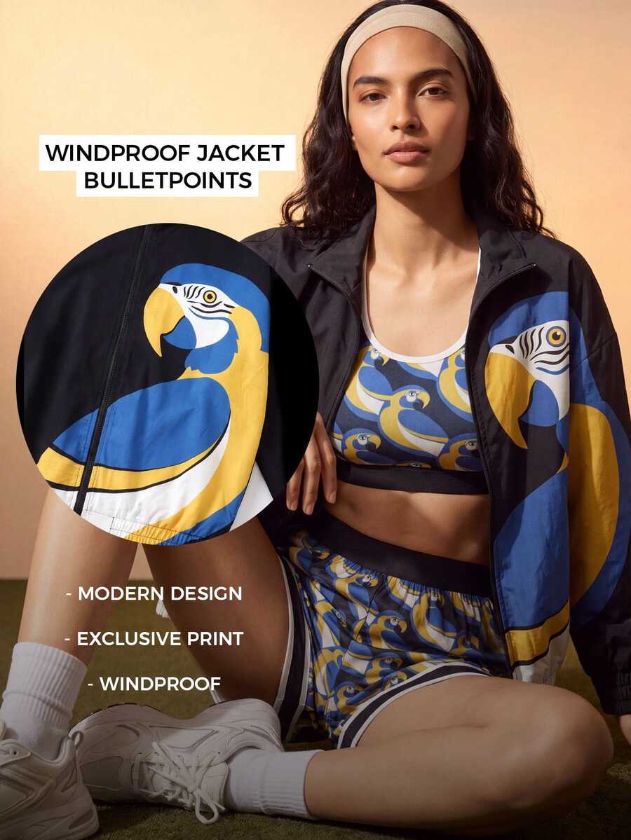 CAJUNI Oversized Sports Windbreaker Jacket– Tropical Blue Macaw Print - Black - View 1