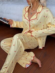 SHEIN 甜美條紋韓系小格紋櫻桃印花女款長袖長褲睡衣家居服 - 黃色 - 查看 5