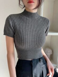 DAZY 女款純色立領短袖休閒針織上衣 - 深灰色 - 查看 9