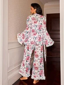 Slumberist Gentle Floral Ruffle Trim Pajama Set, Outer Tie-Front Cardigan, Camisole, Wide Leg Pants, Sexy Loungewear 4-Piece Set - White - View 3