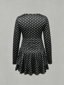 Tween Girl Black And White Polka Dot Long Sleeve Multi-Layer Ruffle Hem Dress, Slim Fit A-Line Silhouette, Vintage Sweet Cute Style For School, Fall - Black - View 4