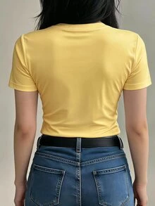 DAZY Solid Color Round Neck Fitted Short Sleeve Base Layer Women's T-Shirt - Pale Yellow - View 2