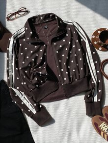 Comfortcana Women's Polka Dot Side Stripe Zipper Front Casual Sweatshirt Jacket - Brown - View 1