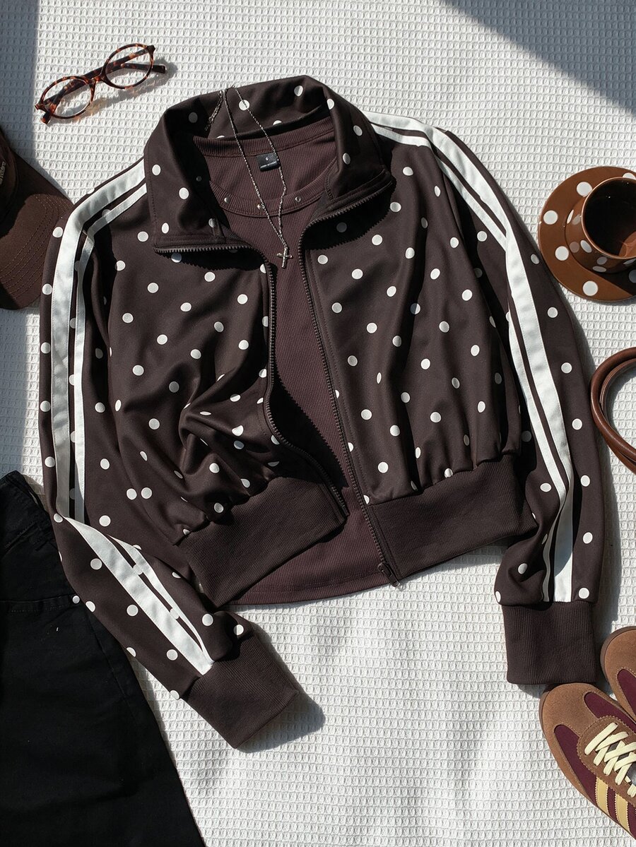 Comfortcana Women's Polka Dot Side Stripe Zipper Front Casual Sweatshirt Jacket - Brown - View 1