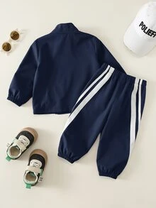 SHEIN 中性嬰兒男童幼兒秋冬休閒百搭運動風酒紅立領不對稱拉鍊夾克套裝，嬰兒運動服，嬰兒冬季衣著/套裝 - 藏蓝色 - 查看 2
