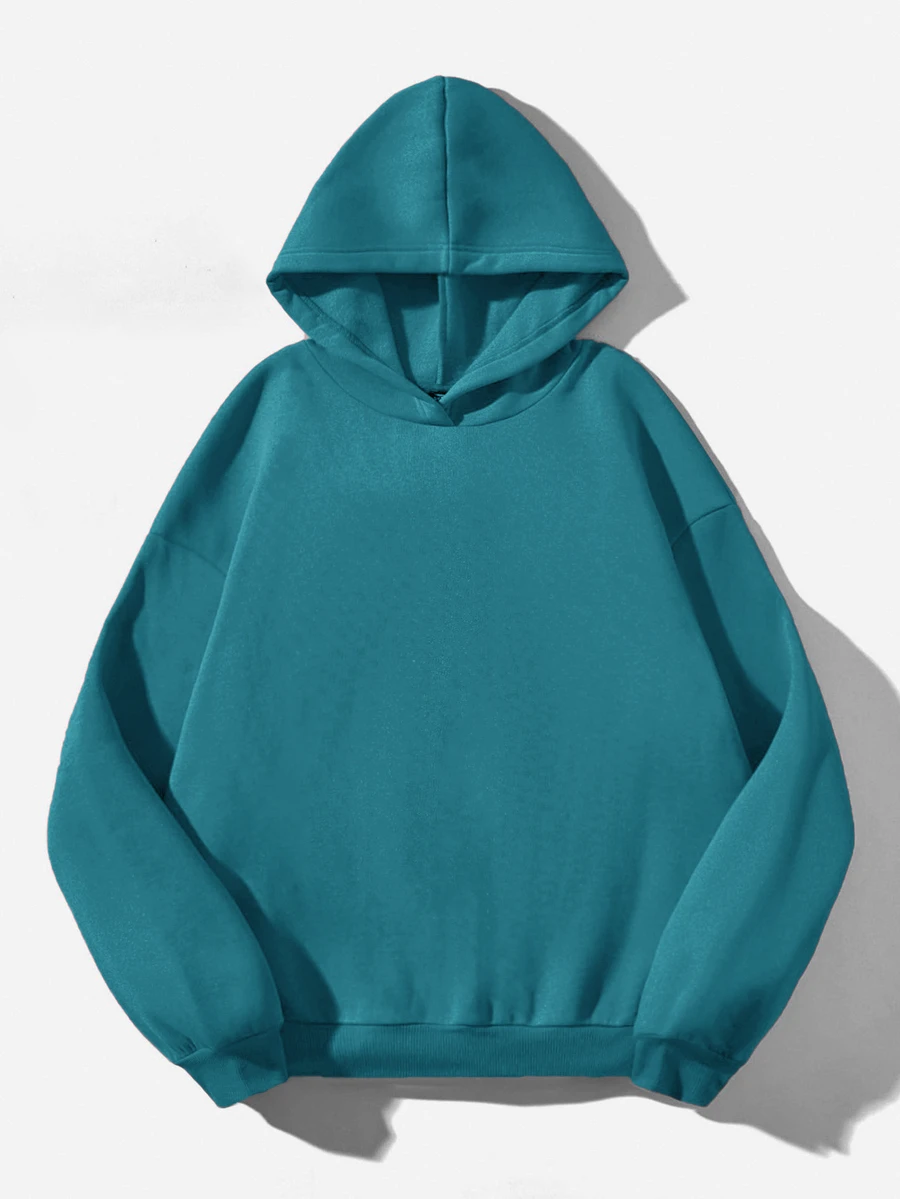 Attitoon Casual Minimalist Printed Pattern Hooded Long Sleeve Loose Thick Sweatshirt For Women, Spring/Autumn - Teal Blue - View 1