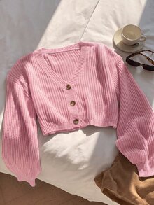 SHEIN EZwear 純色鈕扣前開襟羅紋針織開襟衫，長袖上衣，秋冬針織毛衣 - 淺粉色 - 查看 4