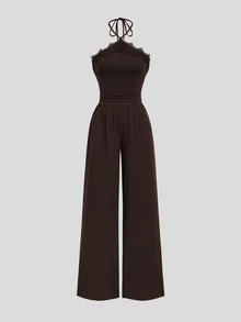 Sweetra Jumpsuit Atasan Halter Neck Cokelat Kopi dan Renda Warna Senada untuk Wanita, Modis dan Elegan, Cocok untuk Perjalanan Sehari-hari - Coffee Brown - View 1